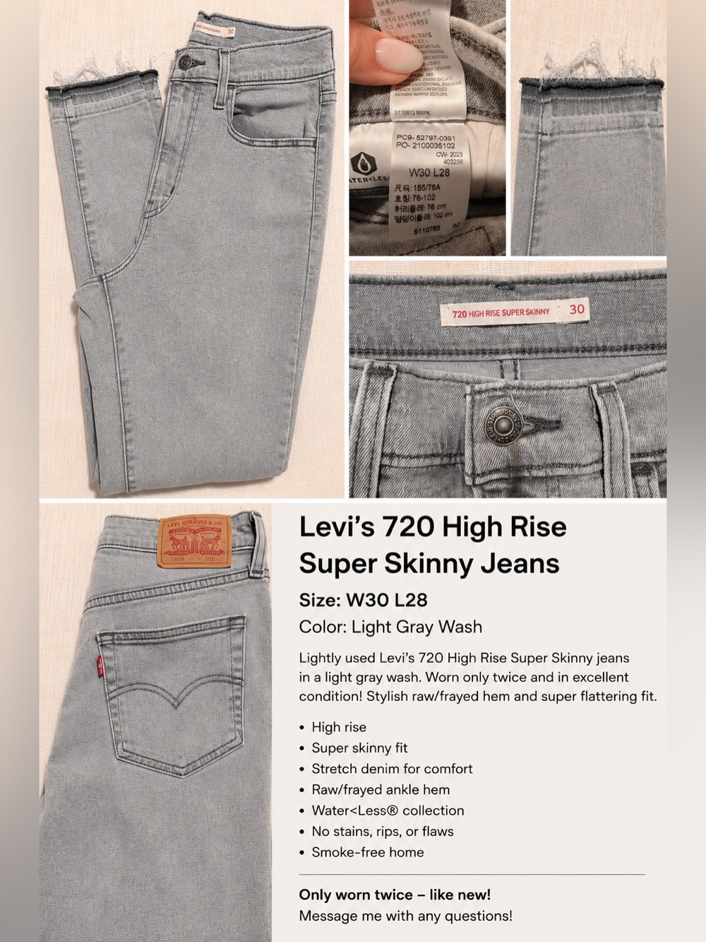 Levi's 720 High Rise Super Skinny Jeans - Light Gray